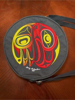 Coast Salish, Artist Doug LaFortune Artwork Titled Wolf Strength Drum Bag